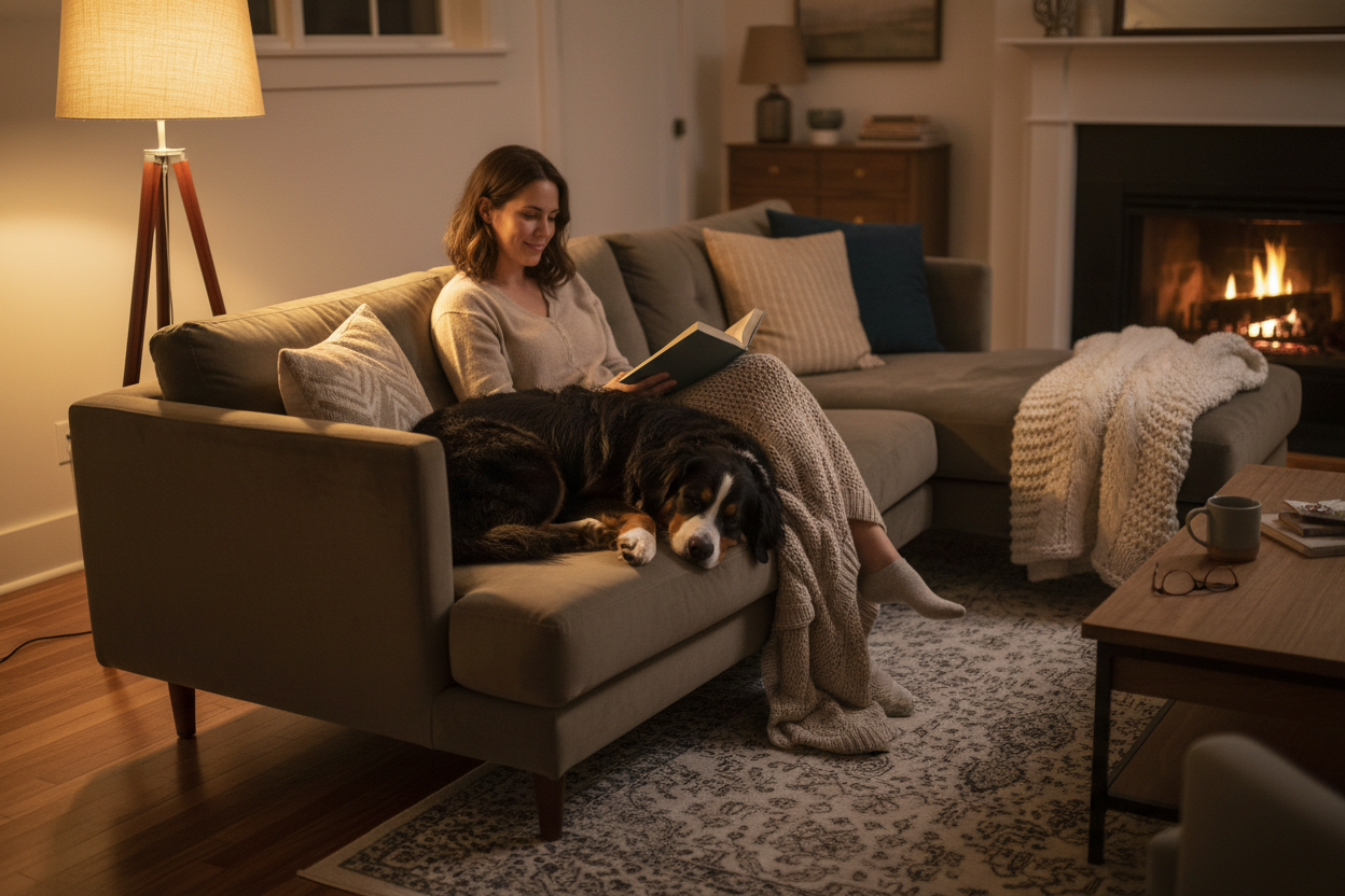 frauchen und hund (kein golden retriever) liegen gemütlich chillend auf der couch und genießen ihre gemeinsame zeit. die frau liest ein buch und der hund hat sich ruhig an sie gekuschelt